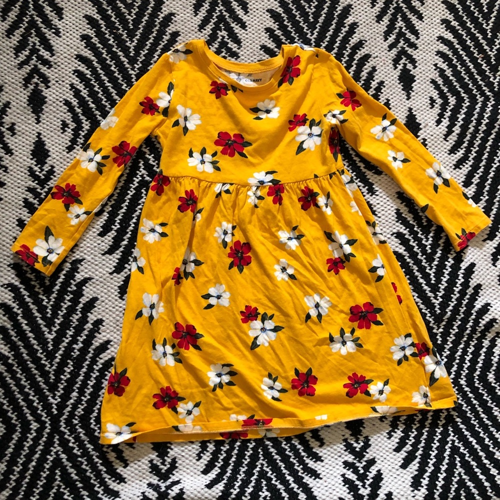 Yellow red white long sleeve floral old Navy asymmetrical dress size 4T